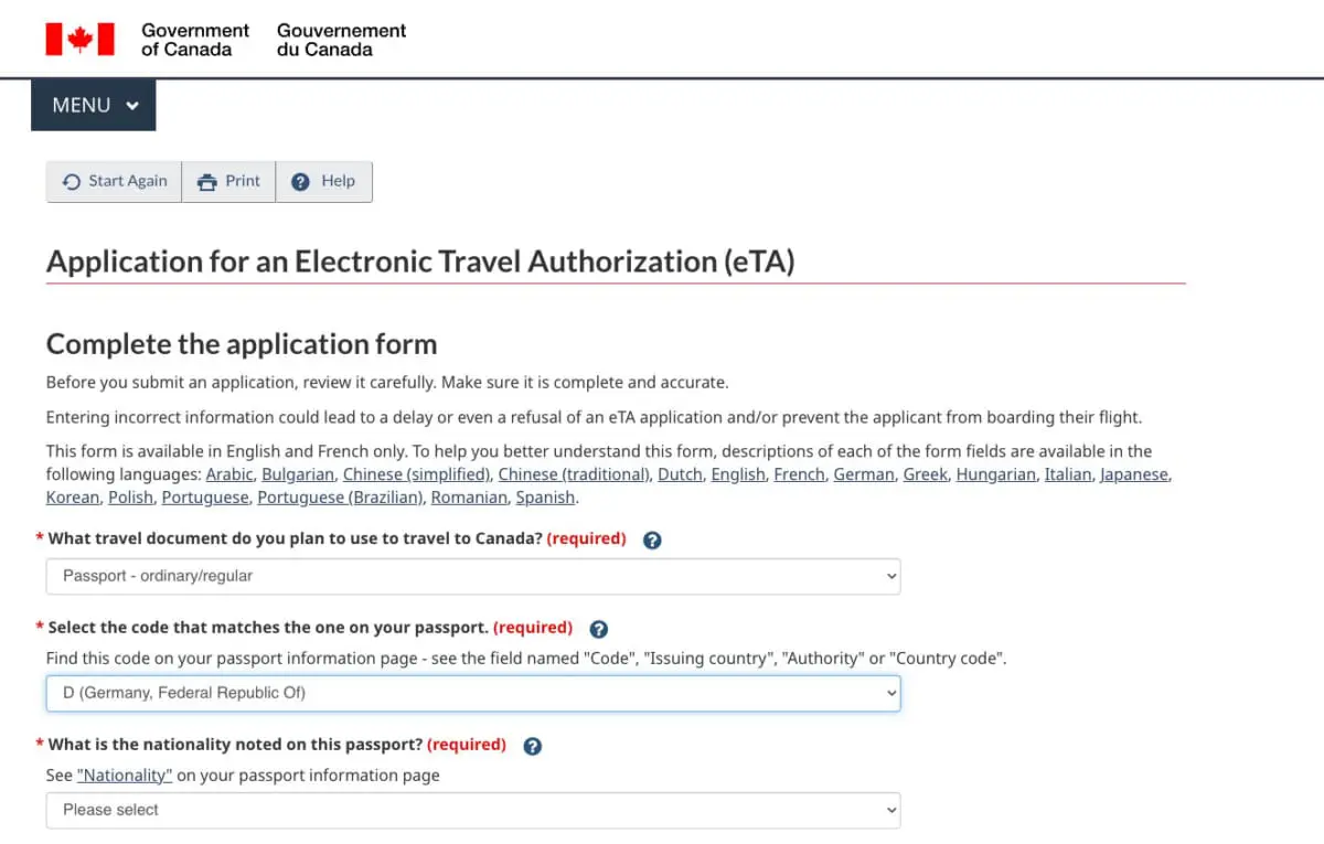 eTA Kanada beantragen