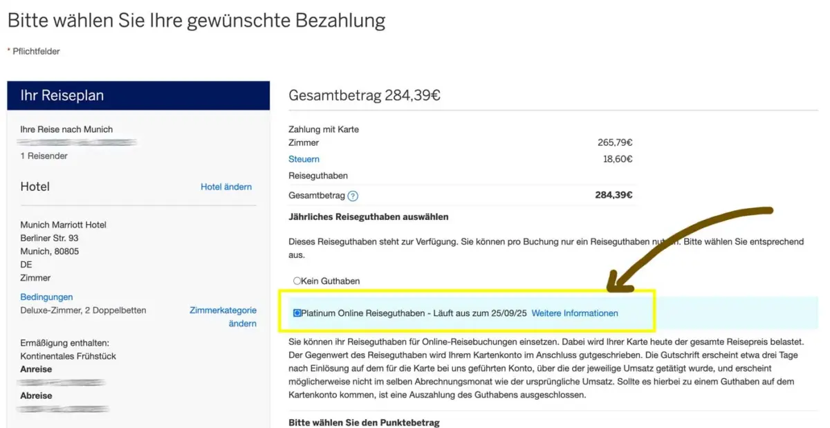 Reiseguthaben bei American Express einlösen für ein Hotel