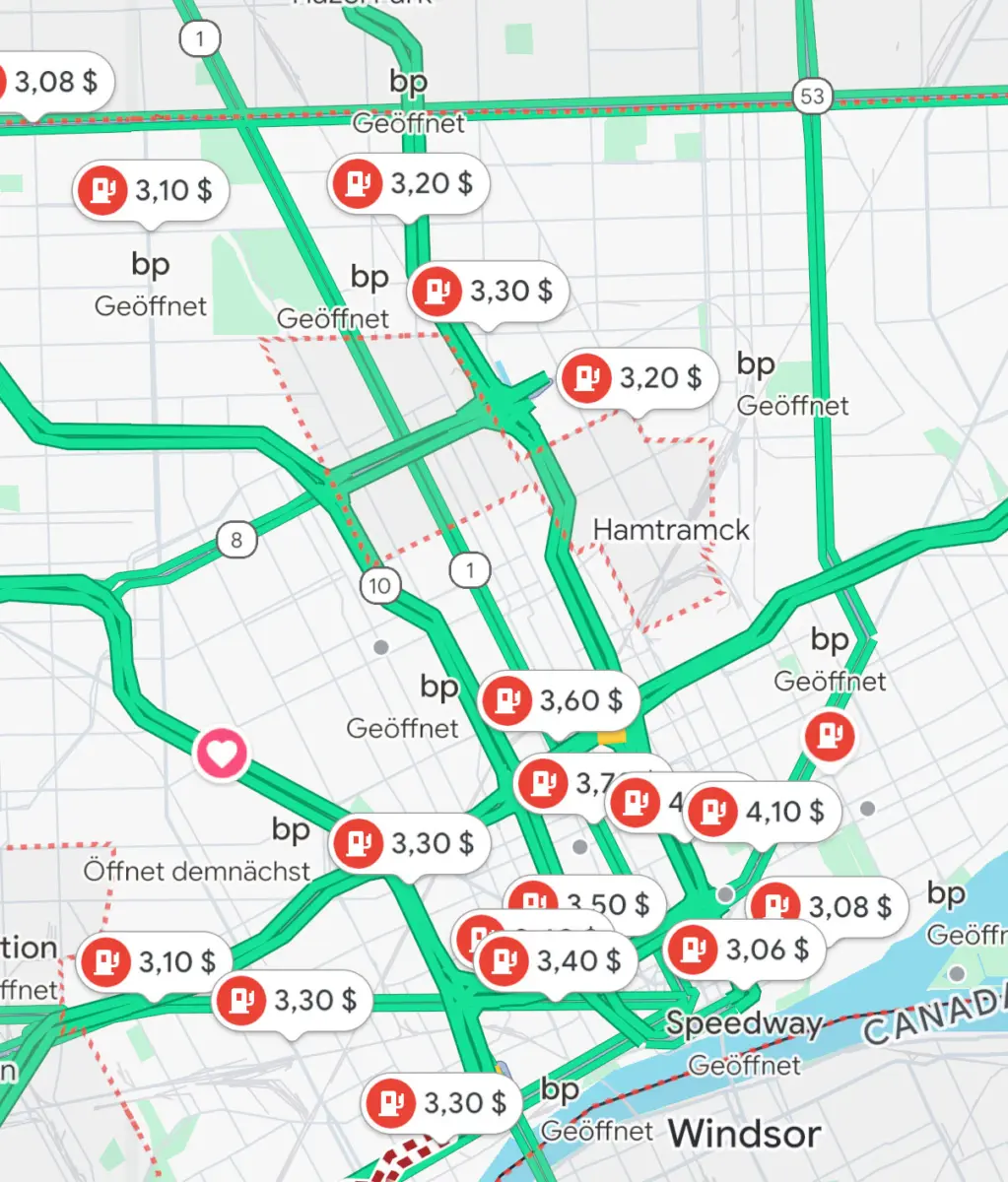 Anzeige der Benzinpreise in den USA in Google Maps mit aktuellen Preisen