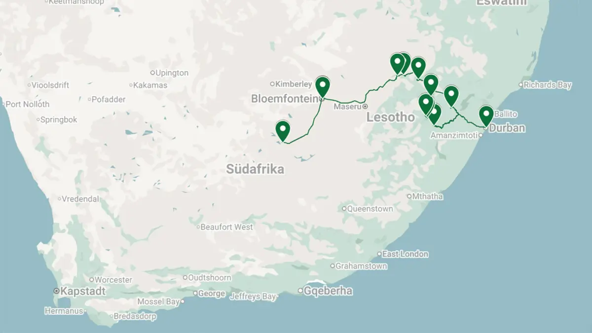 Karte der Südafrika Rundreise (14 Tage) Durban über die Drakensberge bis zum Geheimtipp Kishindo Tiger Canyon Game Reserve