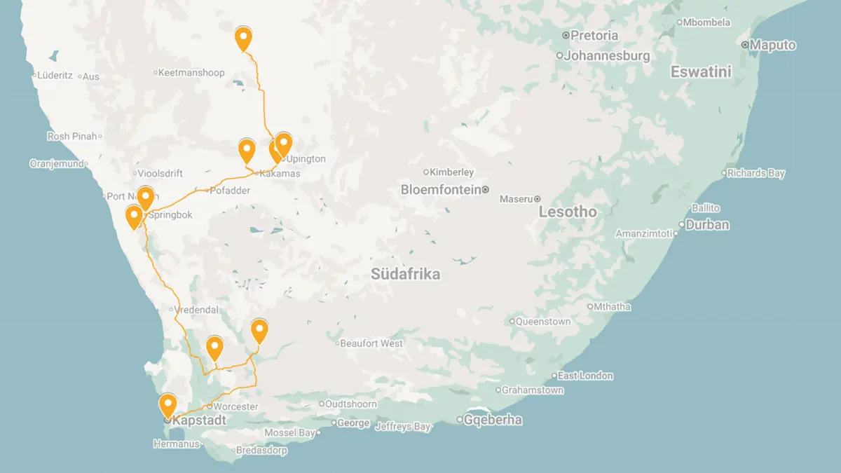Karte der Südafrika Rundreise (14 Tage) Kapastadt bis zur Kalahari