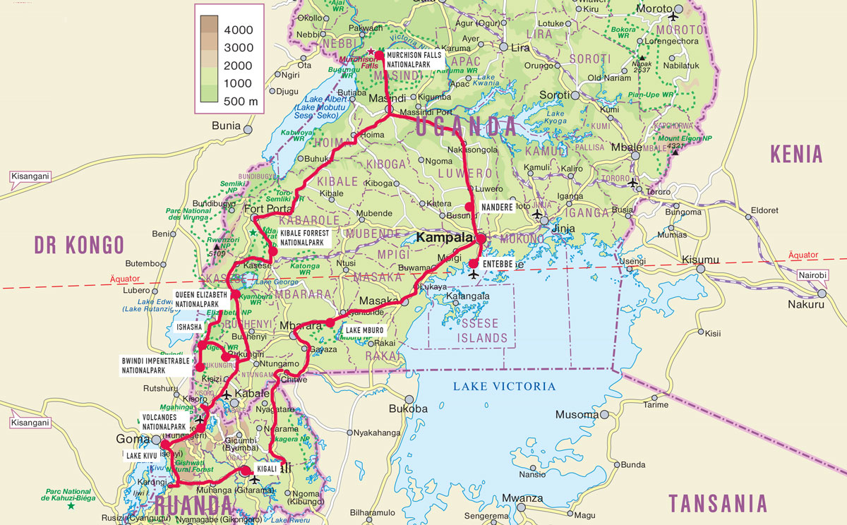 Reisebericht: Karte mit der Route für Uganda und Ruanda