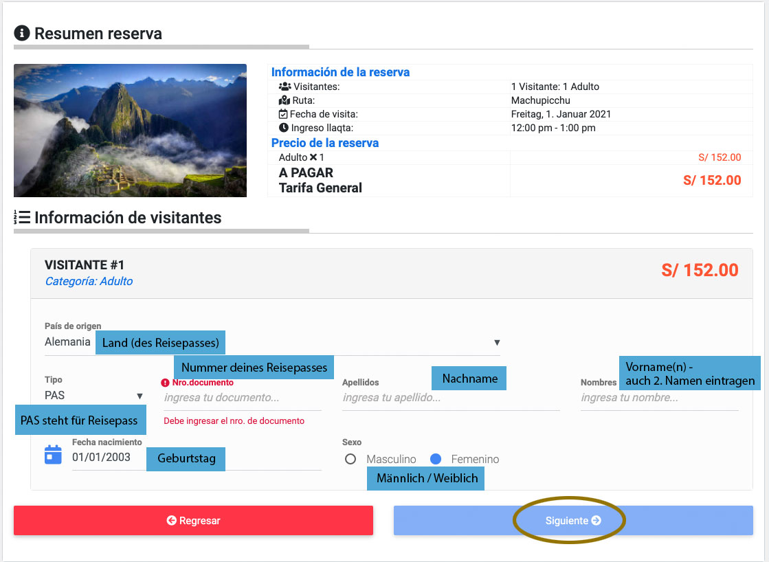 Weltwunder Machu Picchu besuchen: Die besten Tipps, sodass der Besuch unvergesslich wird! 16 Machu Picchu Ticket Daten eingeben