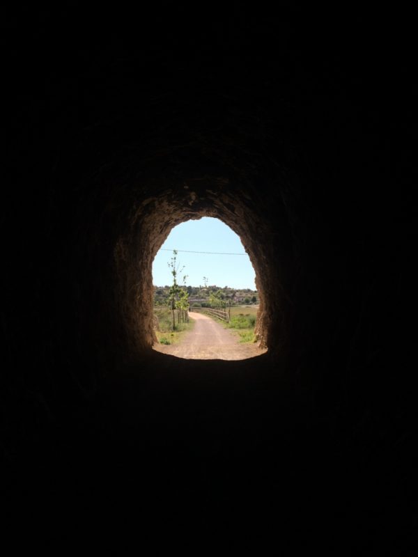 Radfahren durch ehemalige Eisenbahntunnel auf dem Via Verde auf Mallorca