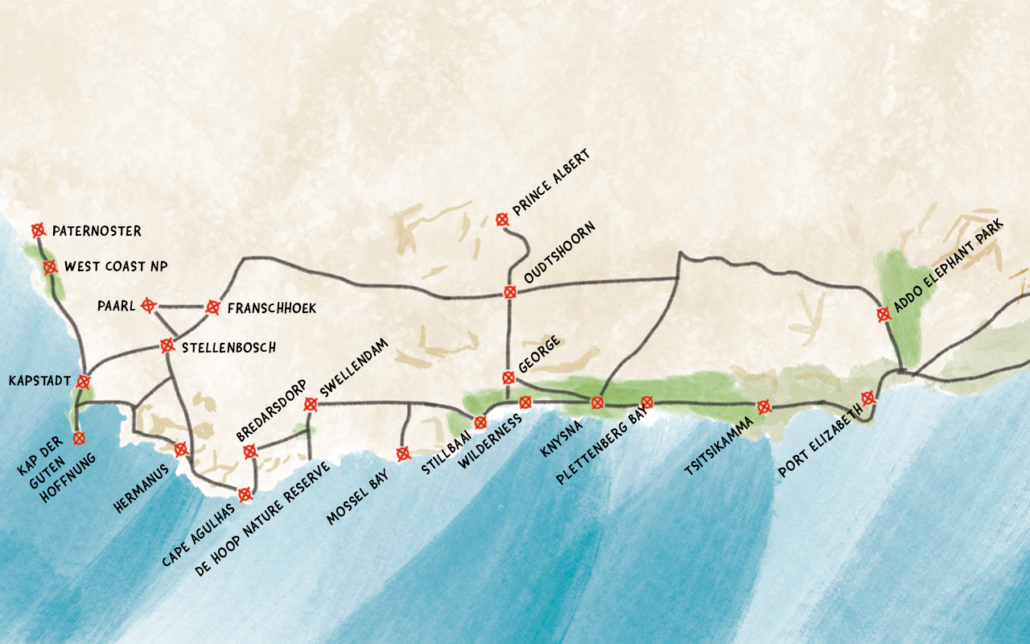 Karte der Garden Route Südafrika für Rundreisen als Selbstfahrer