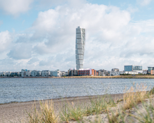 Malmö Schweden Skyline vom Strand mit Turning Torso