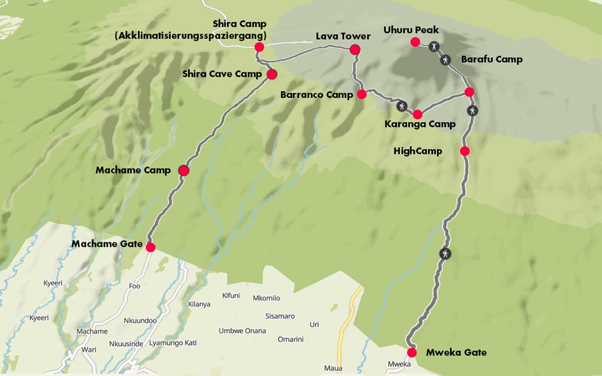 Karte der Camps der Machame Route auf den Kilimandscharo in Tansania.