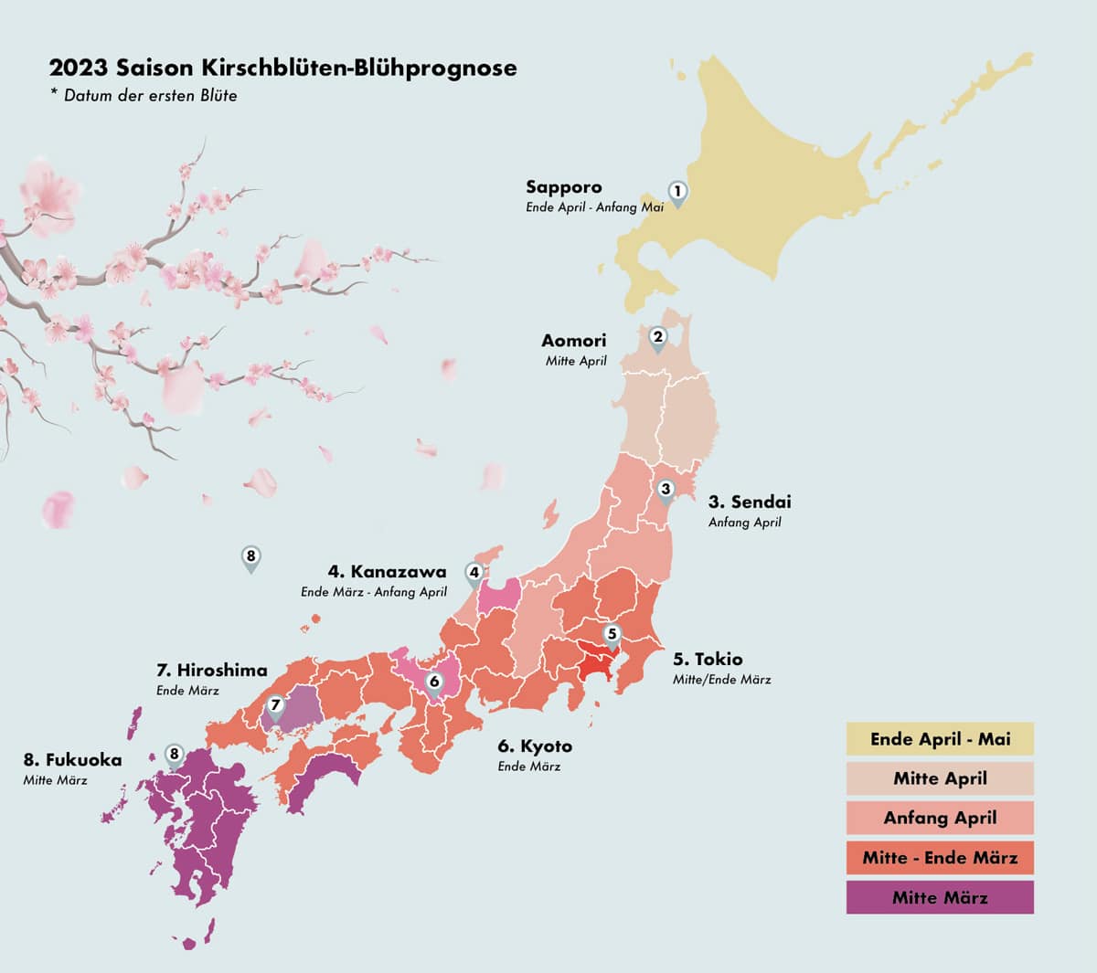 Japanische Kirschblüte 2023, Karte der Meteorologen für Japan
