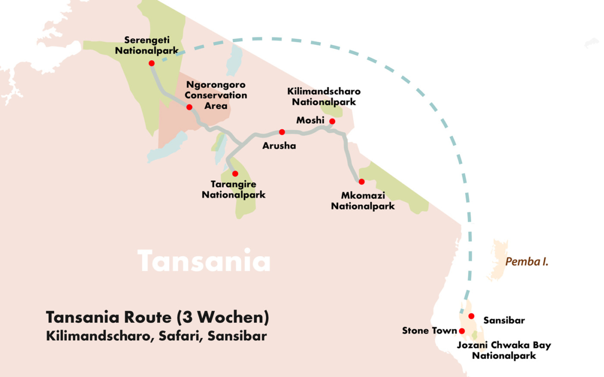 Route für 3 Wochen Tansania mit Sansibar als Karte zum ansehen