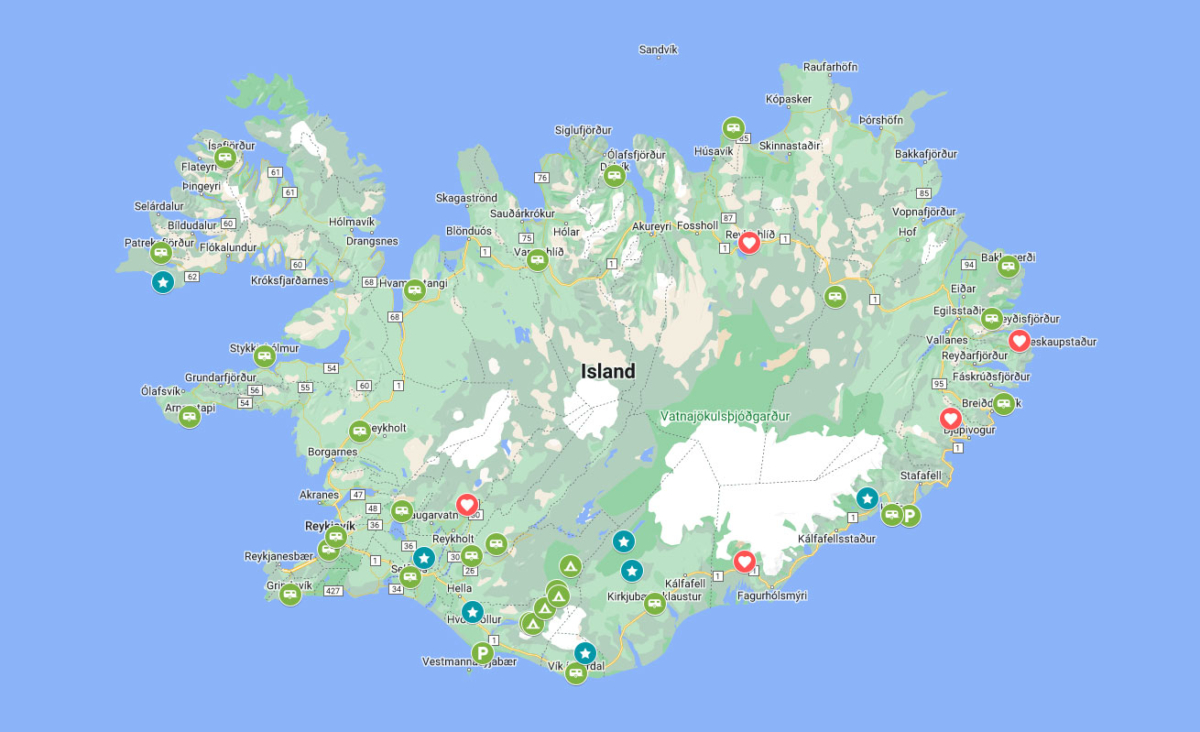 Karte der Campingplätze in Island, die wir genutzt haben.