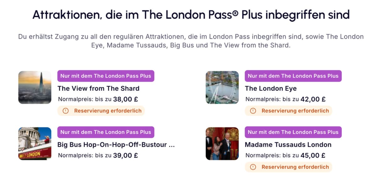 Screenshot Webseite Go City London Pass + enthaltene Attraktionen