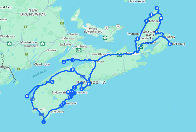 Unsere Route zur Nova Scotia Rundreise ab/bis Halifax