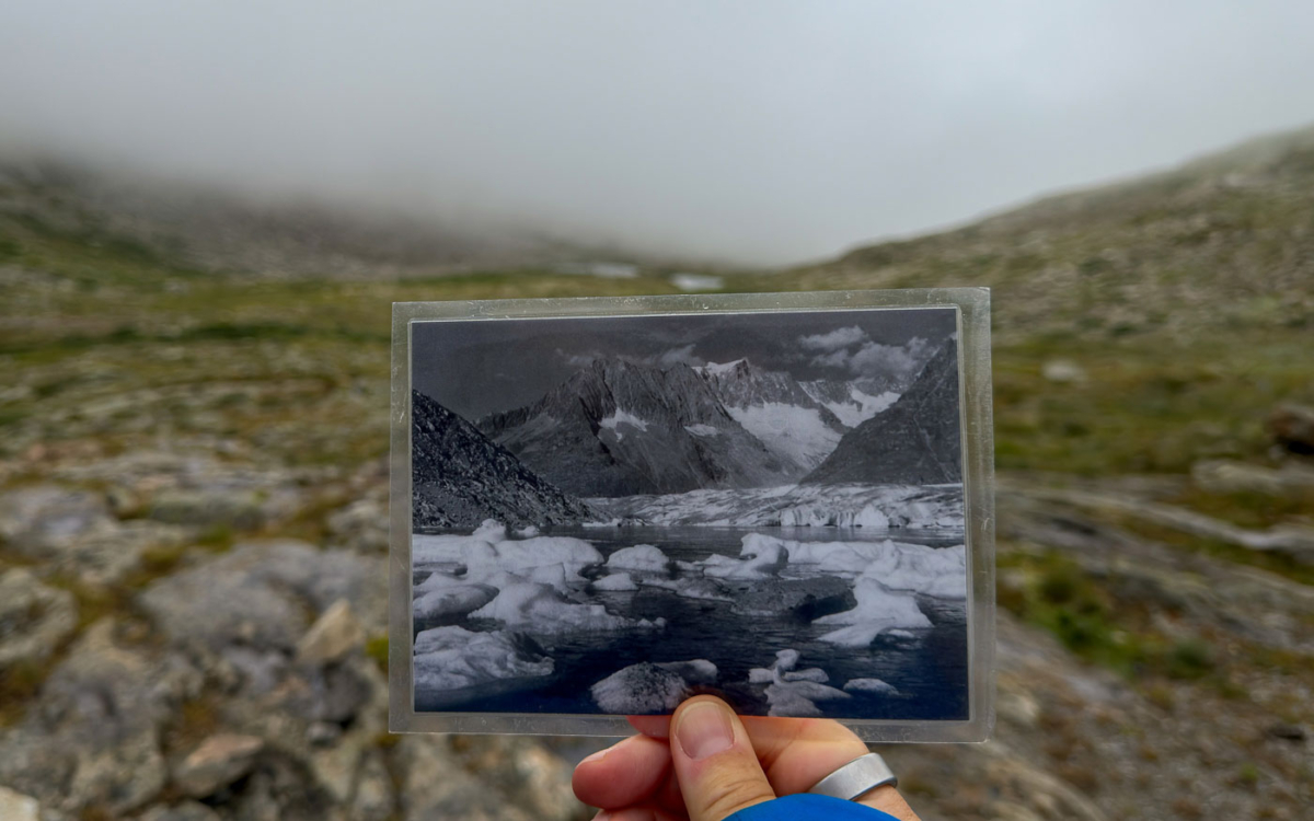 Märjelensee am Aletschgletscher in der Aletsch Arena früher und heute auf Postkarten von damals.