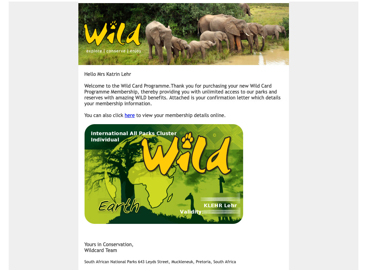 Die Wild Card mit Confirmation Letter kommt nur noch per E-Mail.