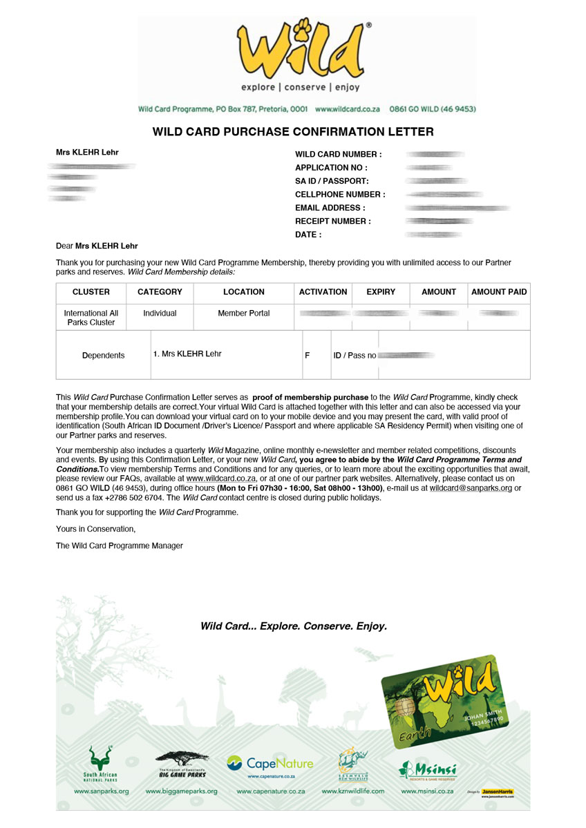 PDF per Email zur Bestätigung deiner Wild Card und des Kaufs bei SANParks
