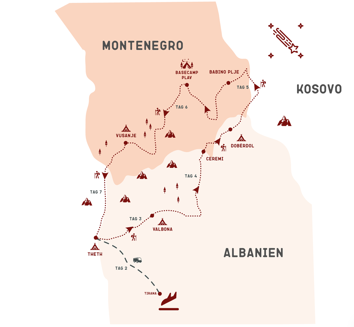 Karte der Route der Peaks of the Balkans mit Travelbase